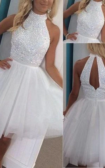 Gorgeous Sleeve High-Neck Homecoming Dress Short White Tulle Gowns