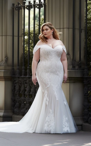 Mermaid Sleeveless Plus Size Lace Tulle Wedding Dress Off-the-shoulder Sexy Ethereal Romantic Sweep Train