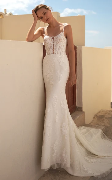 Casual Mermaid Spaghetti Lace Wedding Dress With Open Back And Appliques