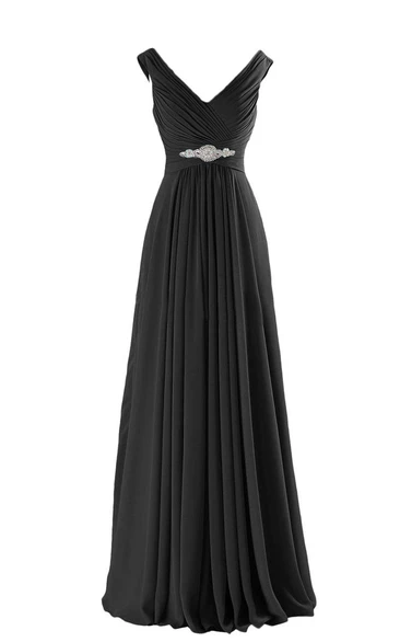 V-neck A-line Long Chiffon Gown With Pleats and Beadings