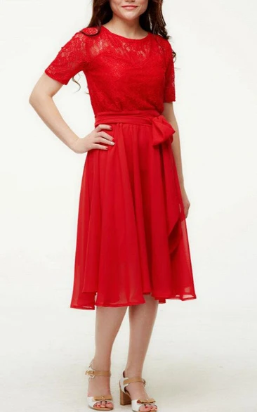 Romantic Red Bridesmaid Chiffon Lace Cocktail Flared Short Sleeve Dress
