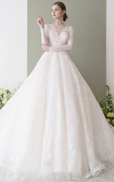 Romantic Floor-length Long Sleeve Lace Ball Gown Keyhole Wedding Dress with Ruching