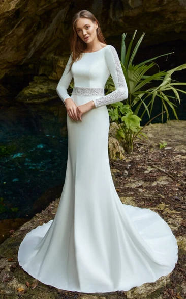 Romantic Garden Mermaid Bateau Satin Wedding Dress With Long Sleeve And Open Back