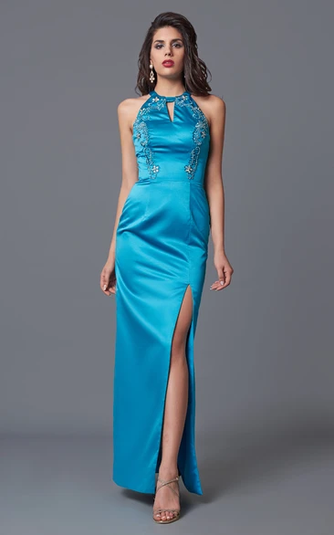 Fabulous V-cut High Neck Long Satin Dress With Side Slit