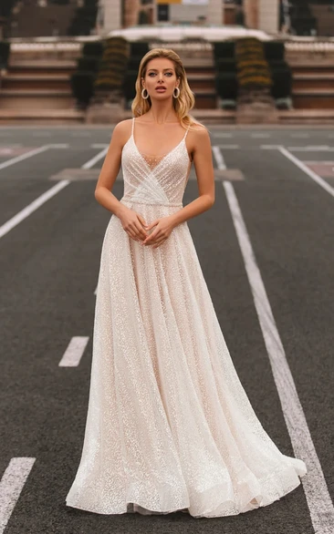 Elegant Ball gown V-neck Satin Chapel Train Wedding Dress with Ruching