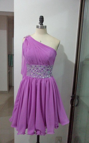 Short One-shoulder Chiffon Dress With Beading And Pleats