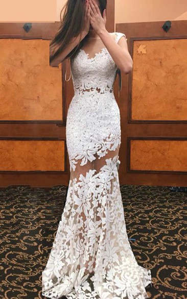 Cap Sleeve V Neck Mermaid Lace Gown With Illusion 