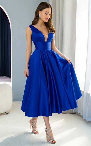 Elegant A Line Plunging Neck Satin Tea-length Cocktail Dress with Ruching