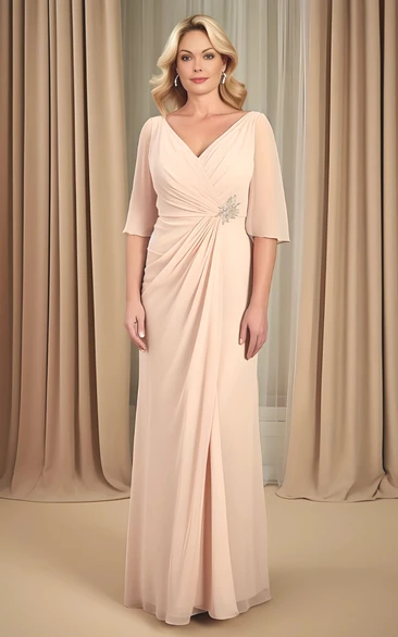 Simple Sheath V-neck Chiffon Half Sleeve Mother of the Bride Dress Casual Modest Elegant Floor-length