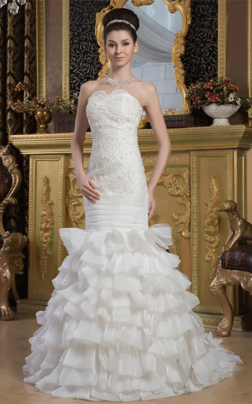 Strapless Mermaid Ruffled Gown with Appliques and Tiers