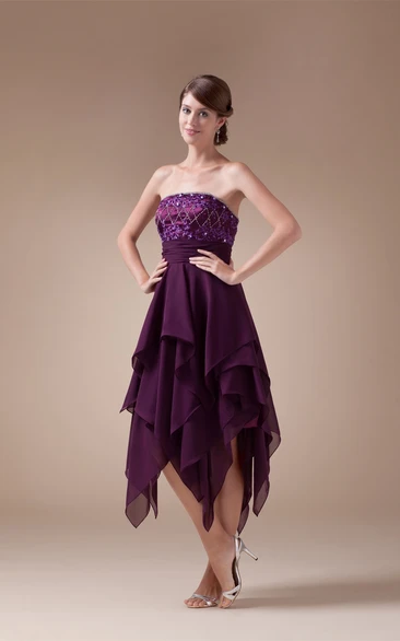 Strapless Layered Tea Length Dress with Beadings and Cinched Waistband