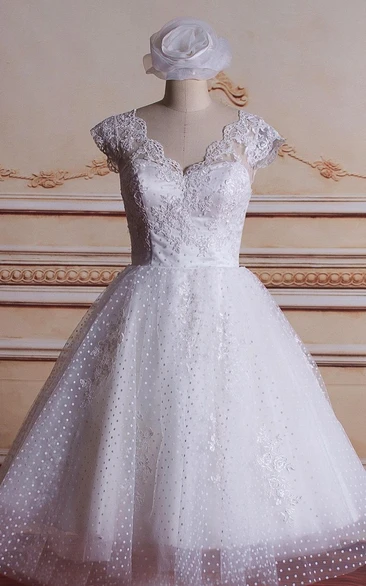 Ball Gown Tea-Length Tulle Lace Satin Weddig Dress