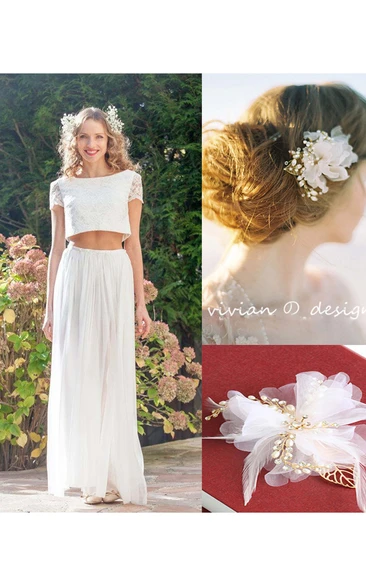 Two Piece Bateau Anckle-Length Chiffon Wedding Dress and Fairy Chiffon Feathers Natural Pearl Diamond Hairpin