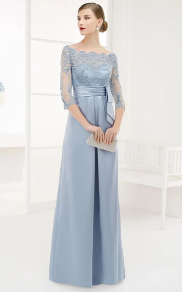 A-Line Floor-Length Appliqued Bateau-Neck 3-4-Sleeve Satin Prom Dress With Beading