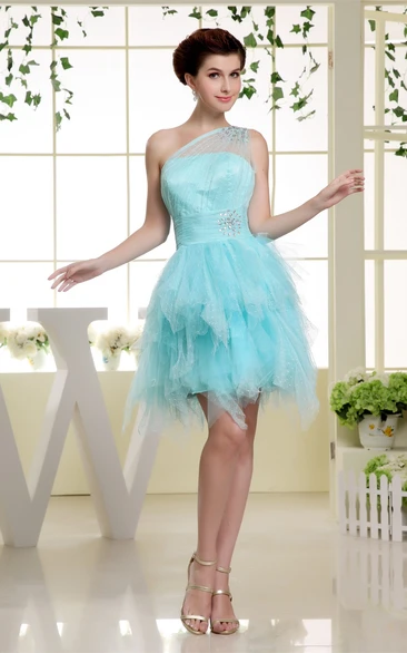 One-Shoulder Ruffled Tulle Mini Dress with Beading Illusion Neckline