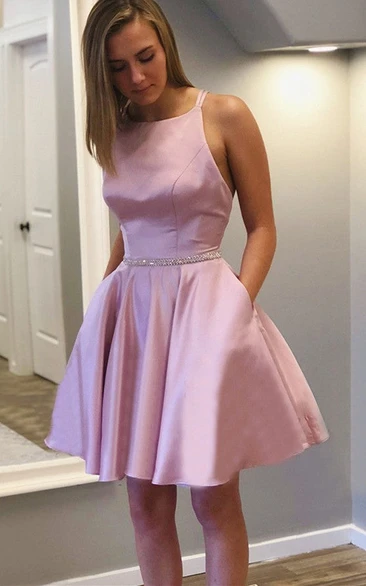 Simple Satin A Line Halter Neckline Homecoming Dress With Open Back And Beading