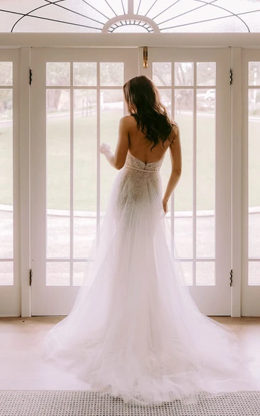 Simple A-Line Sweetheart Lace Wedding Dress With Open Back And Court Train