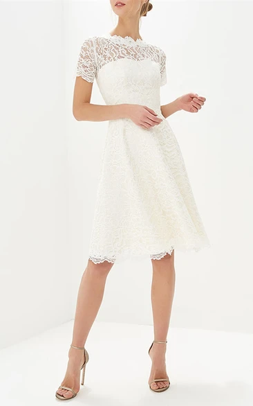 Knee-length Vintage A Line Jewel Neck Lace Bridal Gown