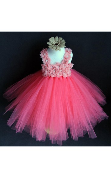 Coral Pink Flower Strap Pleated Tulle Tutu Dress With Beading
