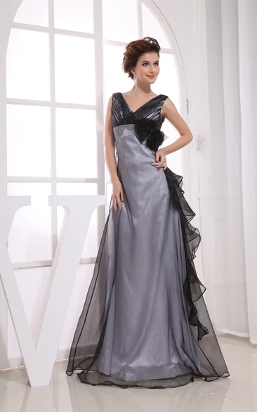 Sleeveless V-Neck A-Line Tulle Ruffles Gown with Flowers