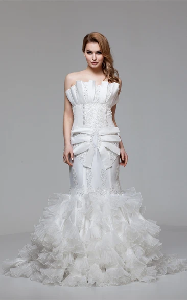 Strapless Mermaid Beaded Gown with Tiers and Ruffles