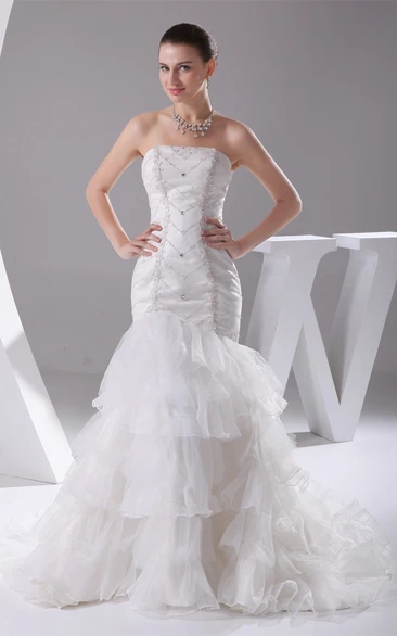 Strapless Column Tiered Gown with Ruffles and Crystal Detailing