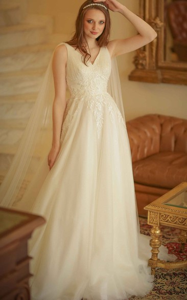 Modern Tulle Sleeveless Brush Train A Line V-neck Wedding Dress with Appliques