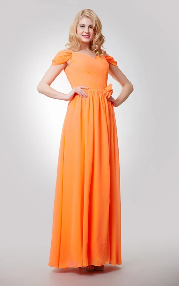Off-The-Shoulder Floor Length Chiffon Dress With Flower and Ruching
