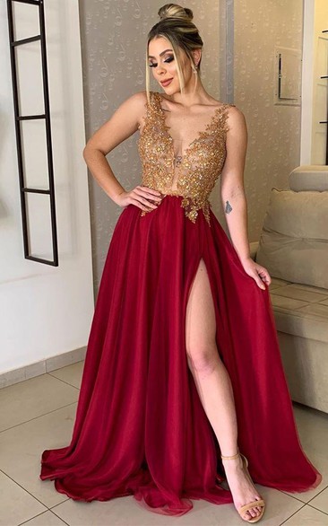 A Line Lace Sexy Prom Dress with Split Front and Beadings