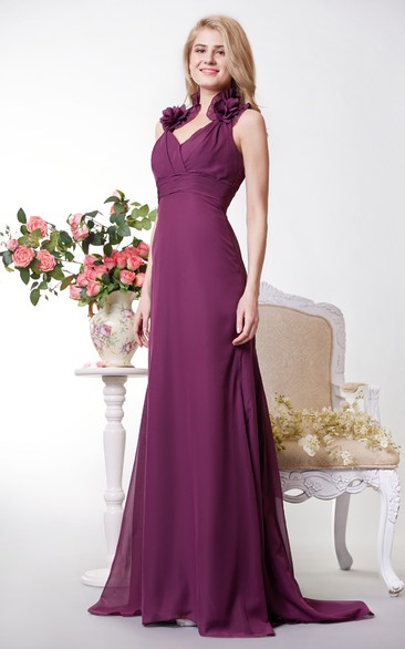 Vibrant Halter Neck Chiffon Gown With Empire Waist