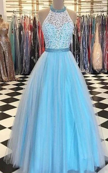 Blue Lace Halter A-line Long Evening Prom Dress