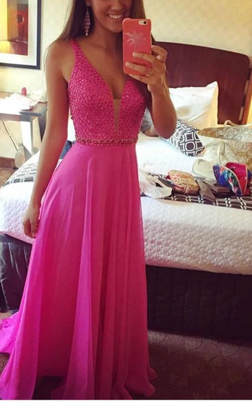 Delicate Sequins Beadings Chiffon Prom Dress A-line Straps Sleeveless