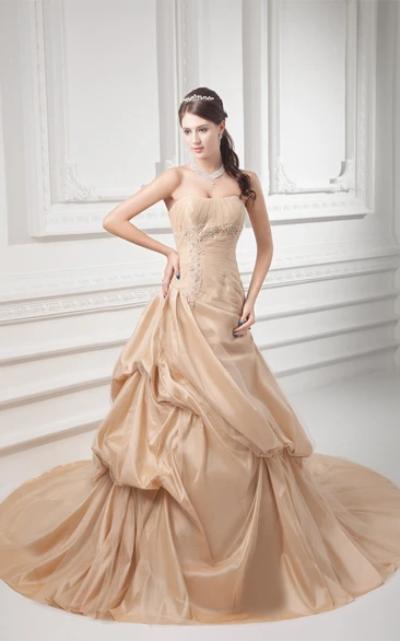 Strapless Pick-Up A-Line Ball Gown with Ruching and Beading