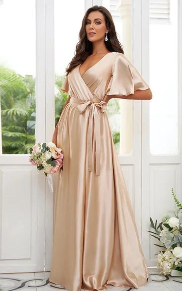 A-Line Satin Half Sleeve Bridesmaid Dress 2023 V-neck Floor-length Simple Casual Modest Elegant Modern