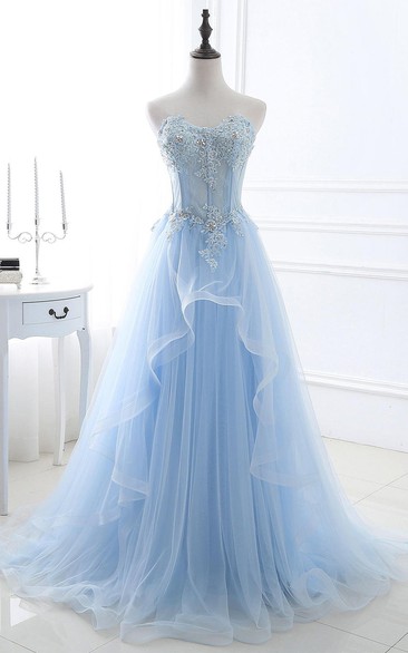 Casual A Line Lace Tulle Strapless Sweetheart Sleeveless Evening Dress with Beading
