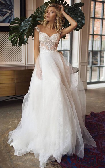 Romantic A Line Lace Tulle Straps Sweetheart Sleeveless Wedding Dress with Ruffles