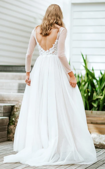 Romantic Lace Bateau A Line Sweep Train Wedding Dress with Appliques ...
