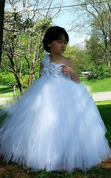 One-shoulder Tulle&Satin Dress With Beading&Flower