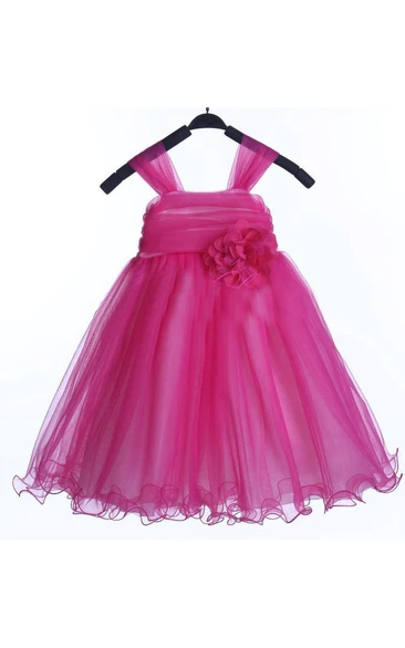 Strapped Ruffled A-line Tulle Dress With Ruching and Flower