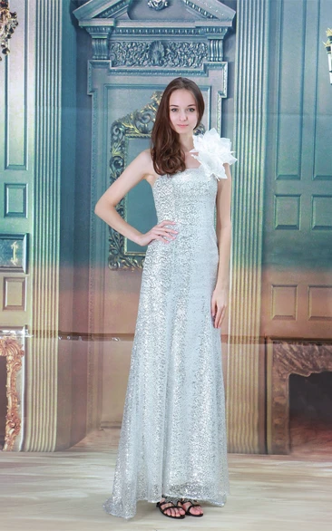 sequined ankle-length one-shoulder dress with flower