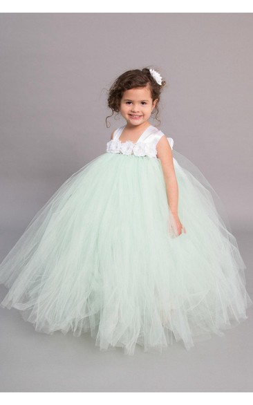 Cap Sleeve Empire Waist Pleated Tulle Ball Gown With Chiffon Flower