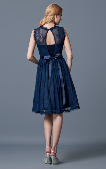 A-line High Neck Lace Bridesmaid Dress with Keyhole Back - June Bridals