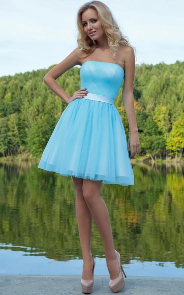 A Line Sleeveless Strapless Ruched Short Mini Tulle Prom Dress With Sash