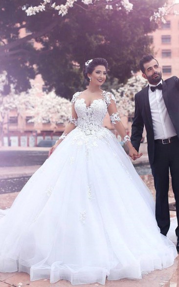 Ball Gown V-neck Illusion Long Sleeve Floor-length Court Train Tulle Wedding Dress with Appliques