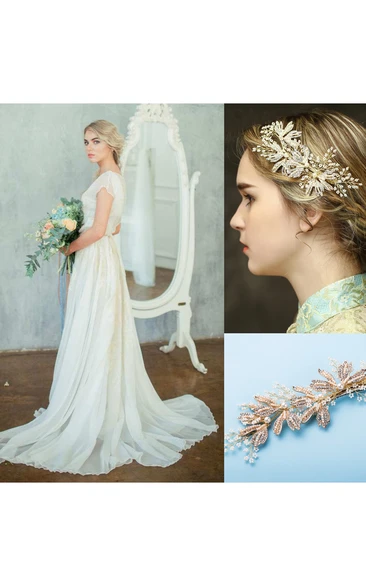 High Neck Chiffon Satin Embroidered Button Zipper Wedding Dress and Handmade Pearl Diamond Gold Headdress Accessories
