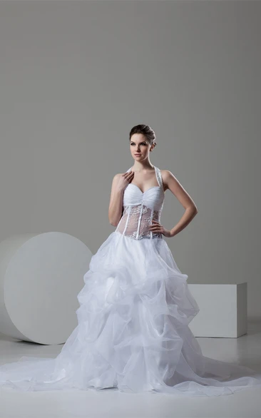 Haltered Pick-Up A-Line Gown with Appliques and Illusion Waist