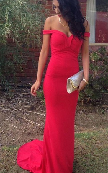 Sexy Red Mermaid Sweep Train Prom Dress Off-the-shoulder
