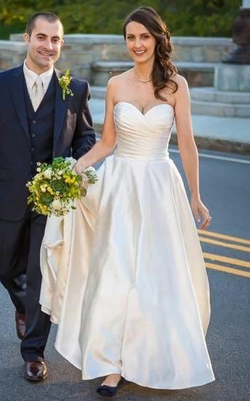 Casual A-Line Satin Sweetheart Neckline Wedding Dress With Open Back And Ruching