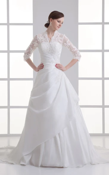 scalloped-neck lace ball a-line half-sleeve gown with beading