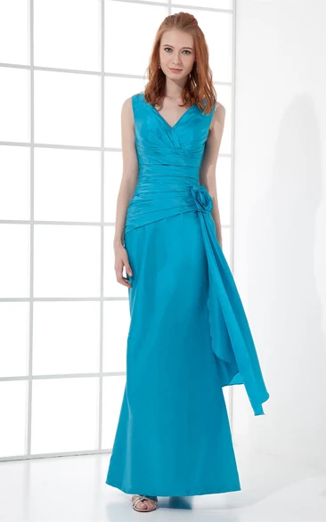 v-neck chiffon ankle-length sleeveless dress with flower and ruching